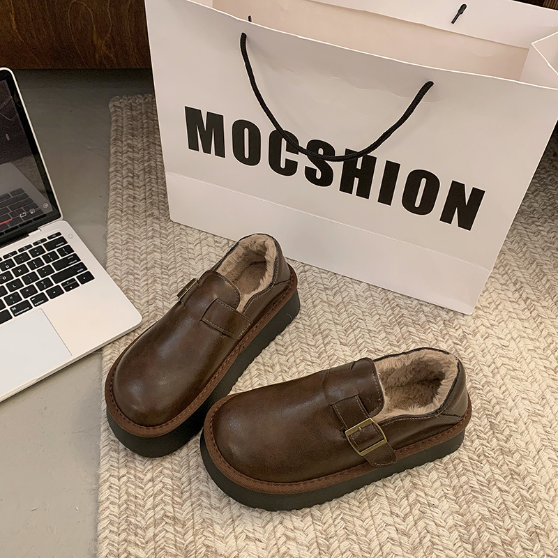 厚底皮面勃肯鞋女2025秋冬新款防水雪地靴一脚蹬加绒保暖毛毛棉鞋