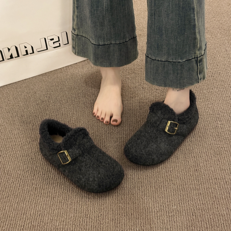 复古灰色毛毡加绒勃肯鞋女2025冬季新款懒人毛毛鞋一脚蹬保暖棉鞋