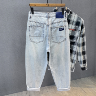 男士 老爹哈伦裤 夏季 宽松休闲大码 子男 新款 日系潮牌浅色直筒牛仔裤