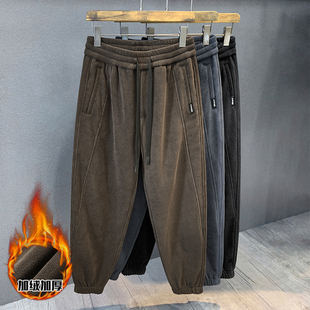 子男 加绒加厚秋冬宽松休闲运动裤 专柜重磅复古咖啡色束脚卫裤 男士