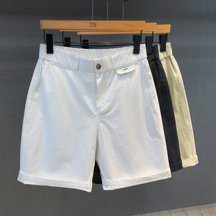 高端复古竖纹肌理纯棉白色短裤男士夏季宽松五分裤弹力休闲中裤子