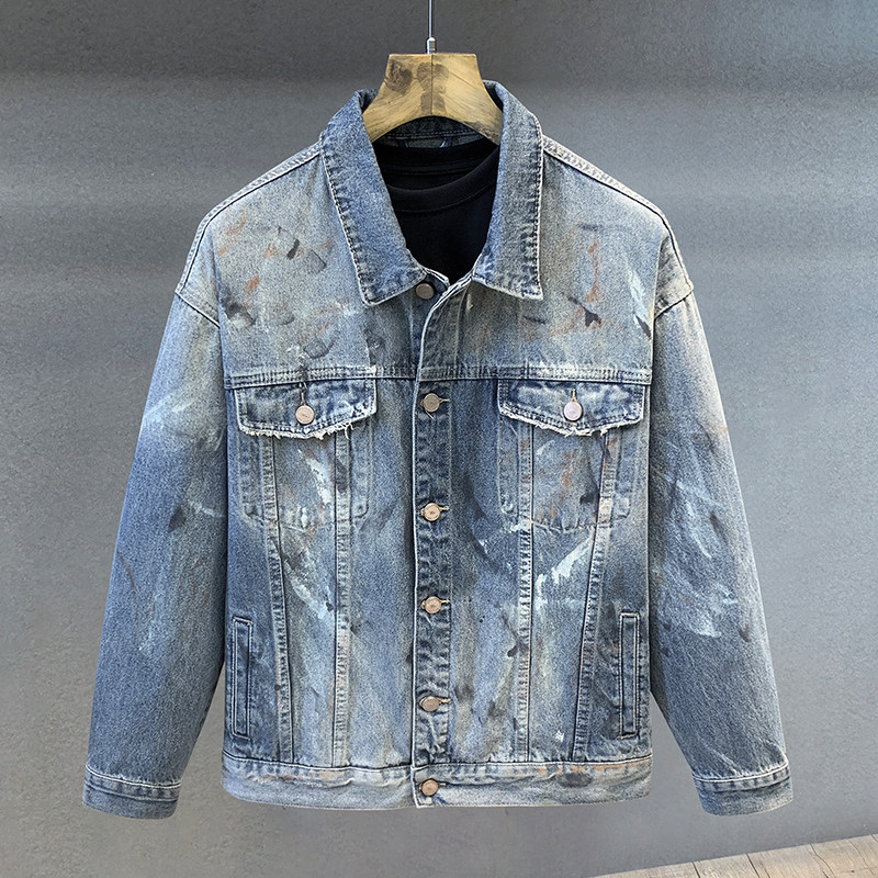 泼墨油漆脏脏复古水洗痞帅潮牌牛仔外套男士春秋宽松工装美式夹克,男装,夹克,淘宝优惠券,粉丝福利购,淘宝优惠卷