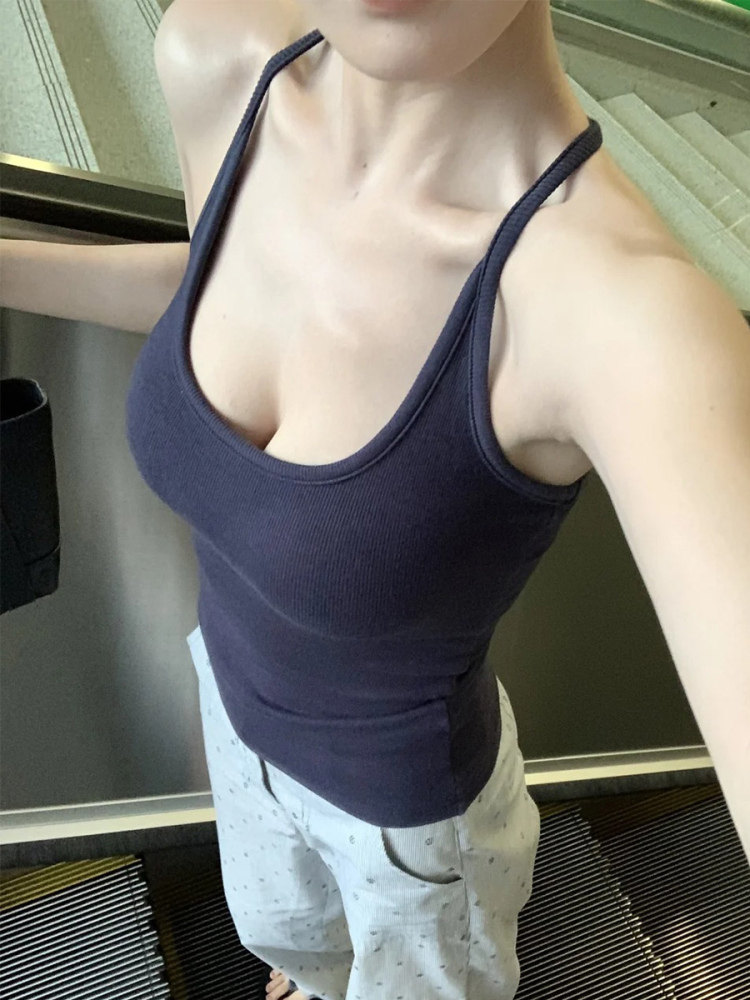 美式遮副乳吊带带胸垫一体式挂脖内搭背心女夏秋外穿美背打底上衣