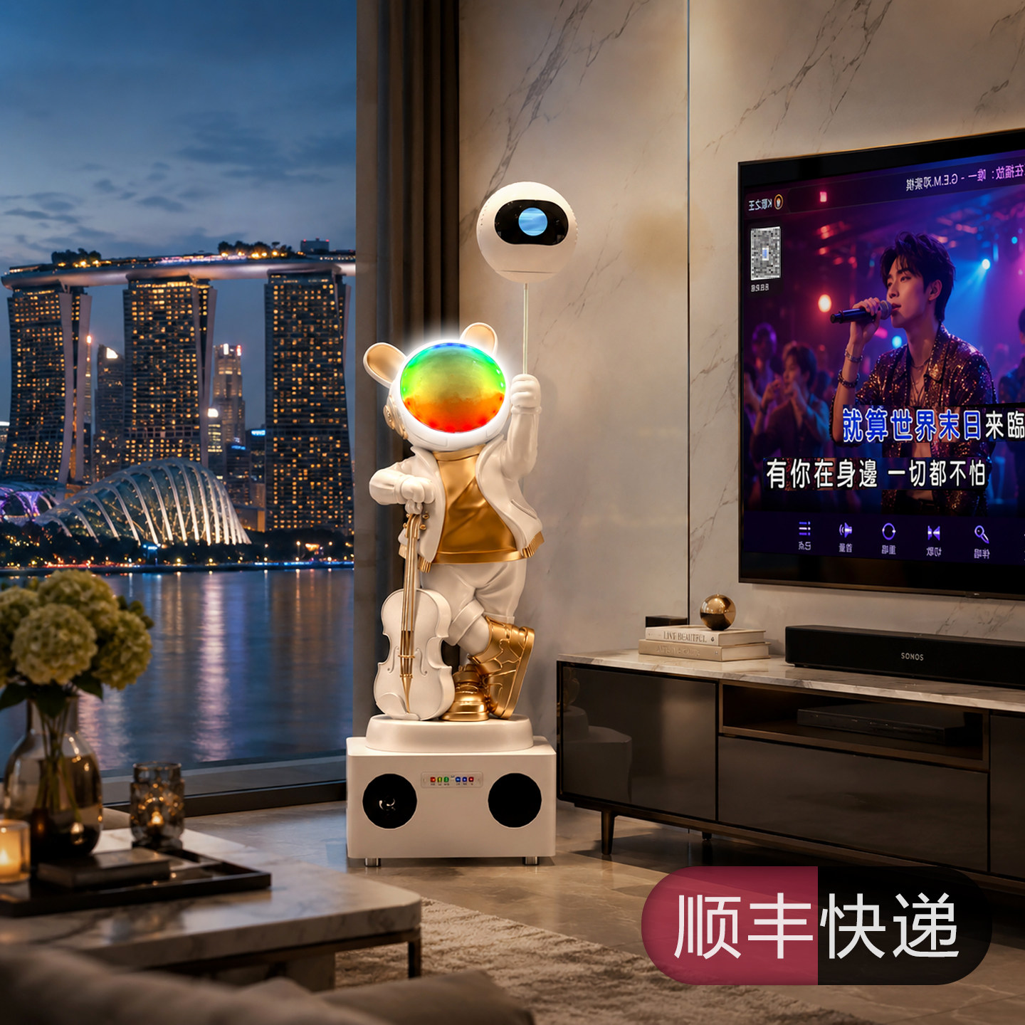 现代简约太空人宇航员落地摆件炫彩面罩蓝牙音箱K歌音箱客厅装饰