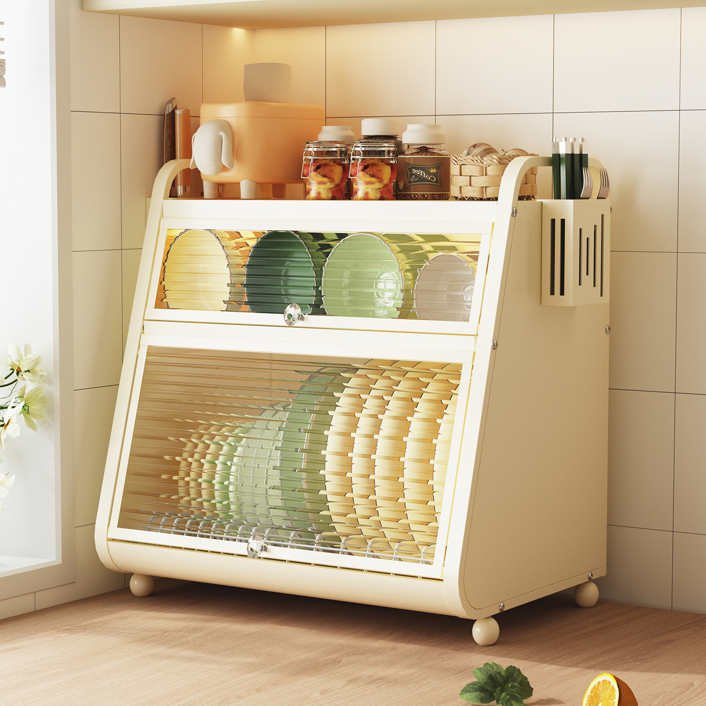 新款碗柜厨房置物架多层台面家用餐具防尘收纳盒多功能碗碟沥水架