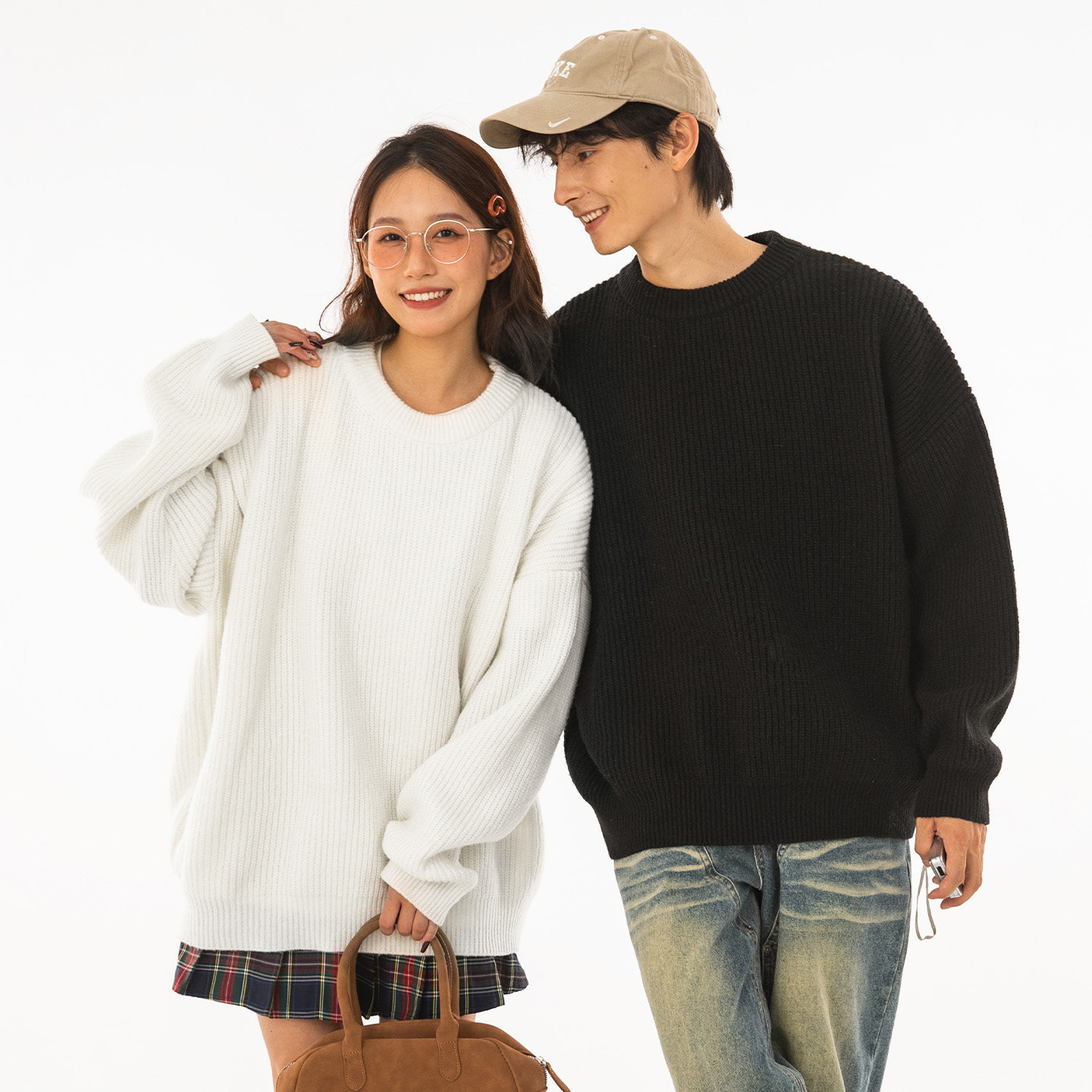 OFF-UP 圆领基础粗针纯色毛衣极简风重磅秋冬百搭针织衫上衣内