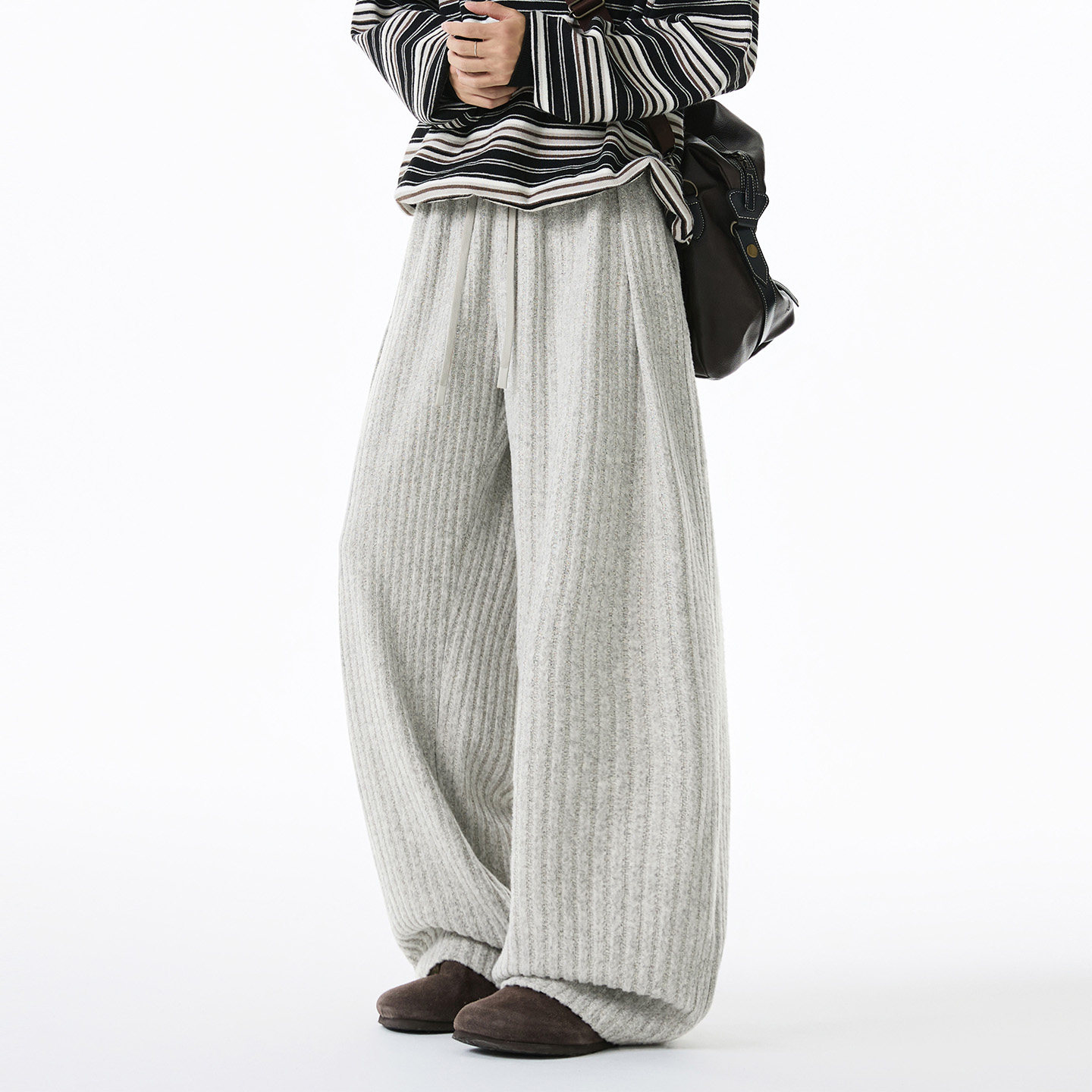 OFF-UP 慵懒风高腰针织阔腿裤男女款宽松垂感拖地长裤简约休闲裤