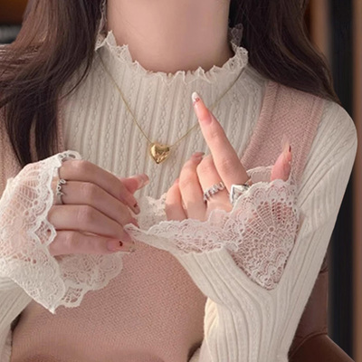 白色蕾丝上衣半高领内搭打底衫女秋冬高级感修身小香风毛衣针织衫