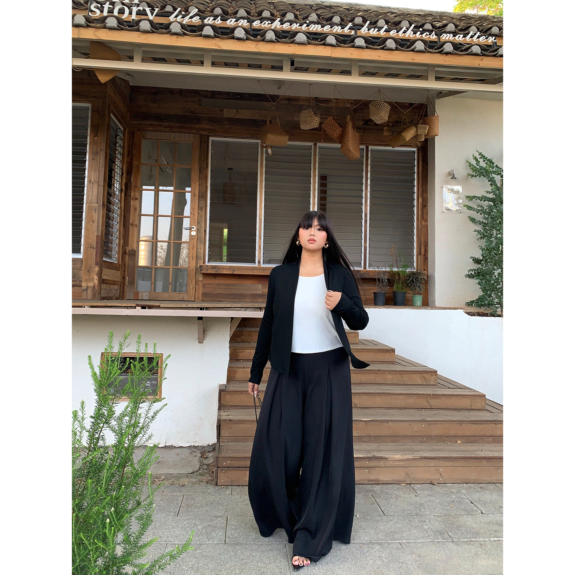 南黑微胖时尚休闲运动西装阔腿裤女薄款大码高腰宽松胖mm百搭西裤