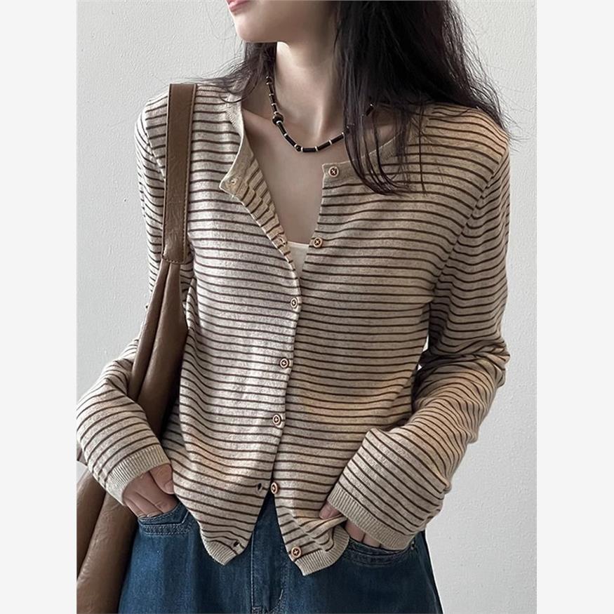 条纹针织开衫外套女春秋