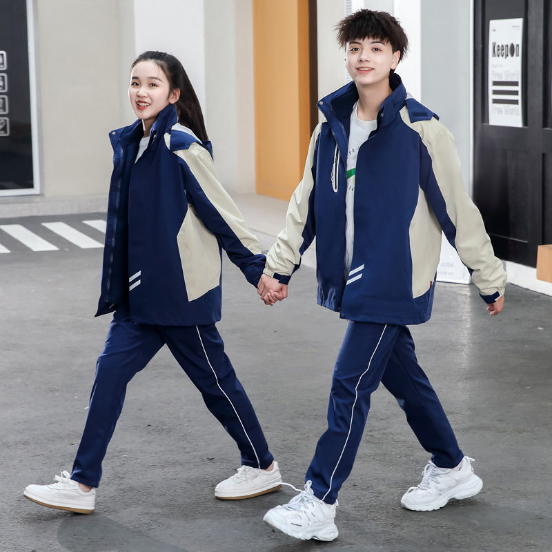 中小学生冬季冲锋校服衣三件套加绒加厚高中生班服套装防水防风款