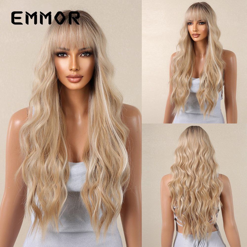 跨境热销齐刘海酒红色全头套式女团cos大波浪欧美风时尚自然wigs