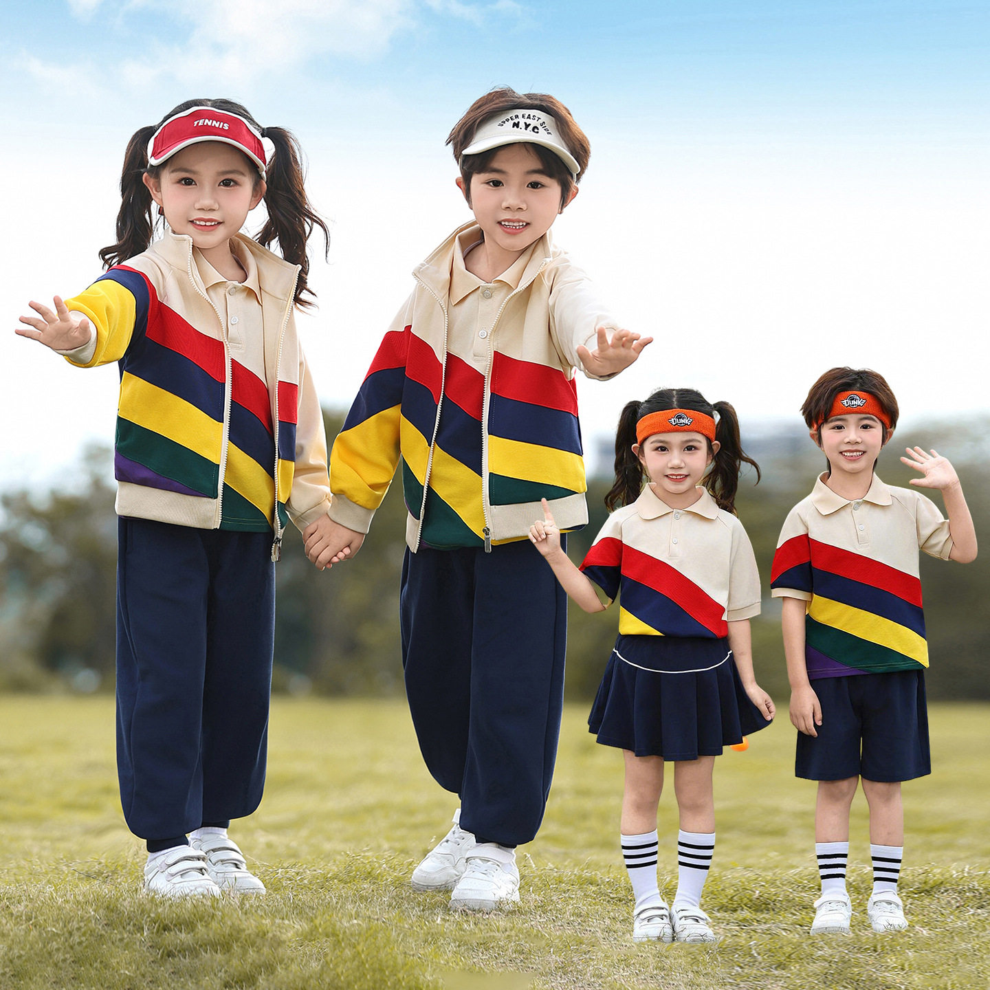 小学生冲锋衣校服春秋款三件套儿童夏季运动会彩虹班服幼儿园园服