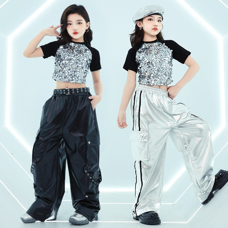 爵士舞服装女孩潮酷露脐亮片女团舞蹈演出服少儿jazz皮裤表演服