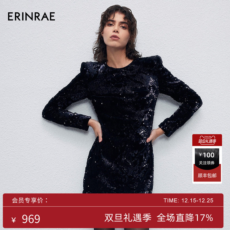 ERINRAE丝绒亮片时尚气质小黑裙