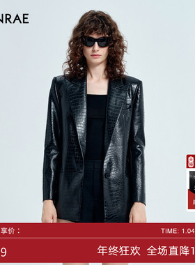 ERINRAE丨秋季黑色皮衣PU皮时尚西装收腰外套EG341182VI20