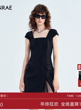 ERINRAE丨秋季新品黑色宽吊带拼接蕾丝连衣裙EG381479PL20