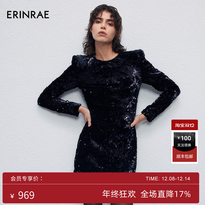 ERINRAE丝绒亮片时尚气质小黑裙