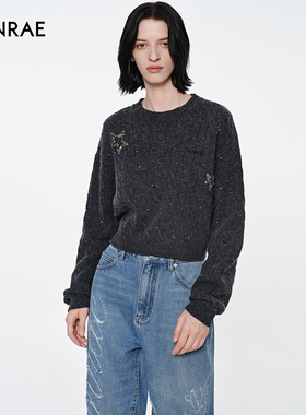 ERINRAE25春季新款圆领深灰色手工钉珠套头针织衫 EH1M1245PL27