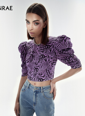 ERINRAE丨桑蚕丝粉紫色露背时尚系带斑马纹中袖上衣EF216165SE04