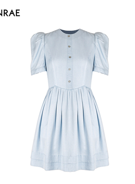 ERINRAE春夏超显瘦连衣裙蓝色收腰泡泡袖法式中裙EE2N6300VI84