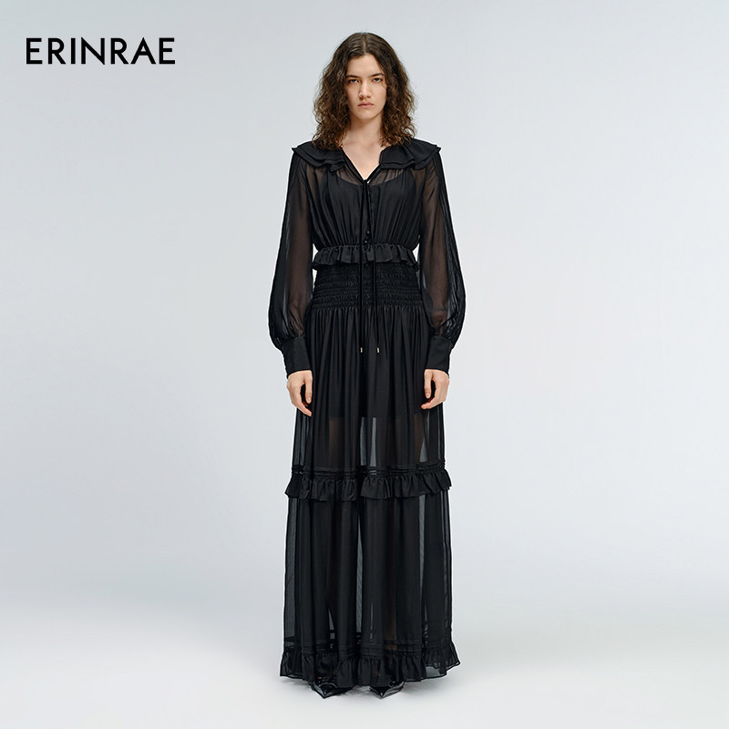 ERINRAE早秋新品重磅桑蚕丝云格绸连衣裙高束腰真丝两件套长裙