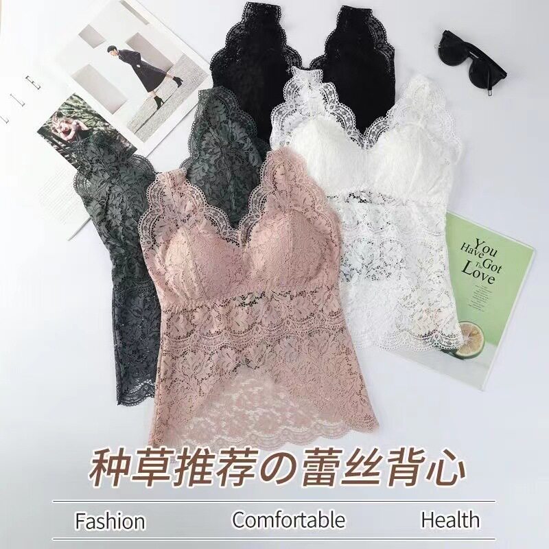 新款法式蕾丝吊带上衣薄款带胸垫大码美背内衣文胸一体背心女外穿