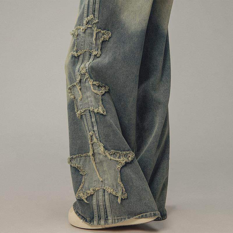 CTB Captainbeer美式复古星星贴布条纹牛仔裤男女直筒宽松休闲裤