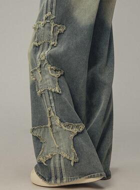 CTB Captainbeer美式复古星星贴布条纹牛仔裤男女直筒宽松休闲裤