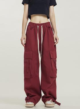 CaptainBeer 美式复古安可拉红色工装裤男女阔腿裤拖地宽松长裤子