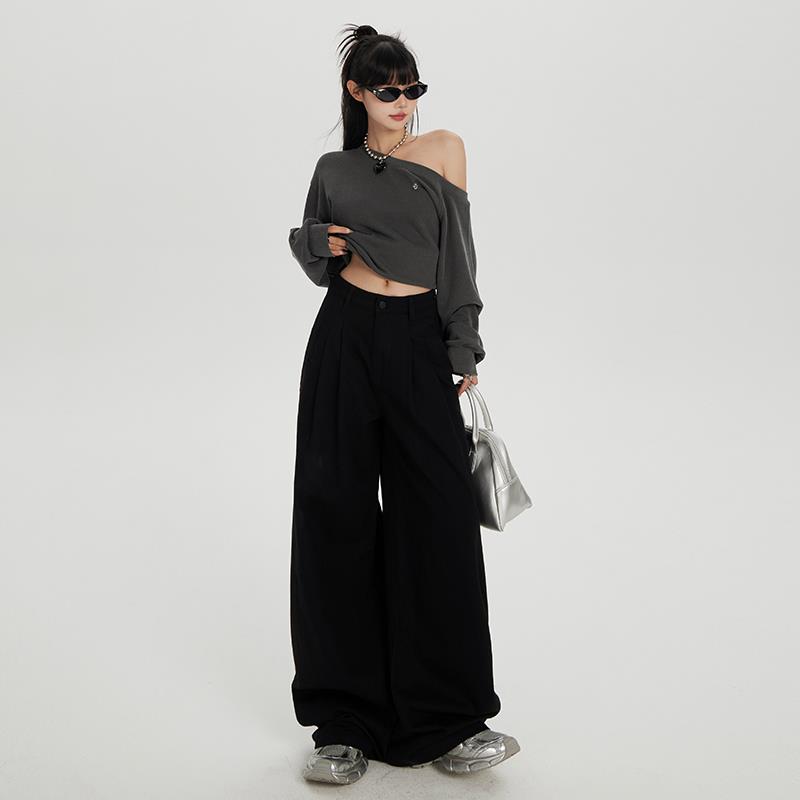 弄格黑色直筒牛仔裤女秋冬季加绒褶皱纹理高腰裤子垂感宽松阔腿裤