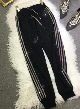 加绒加厚重工烫钻卫裤女欧货显瘦黑色束脚运动裤子休闲长裤秋冬季