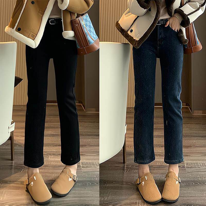 加绒直筒牛仔裤女秋冬加厚保暖高腰四面弹显瘦黑色九分裤烟管裤