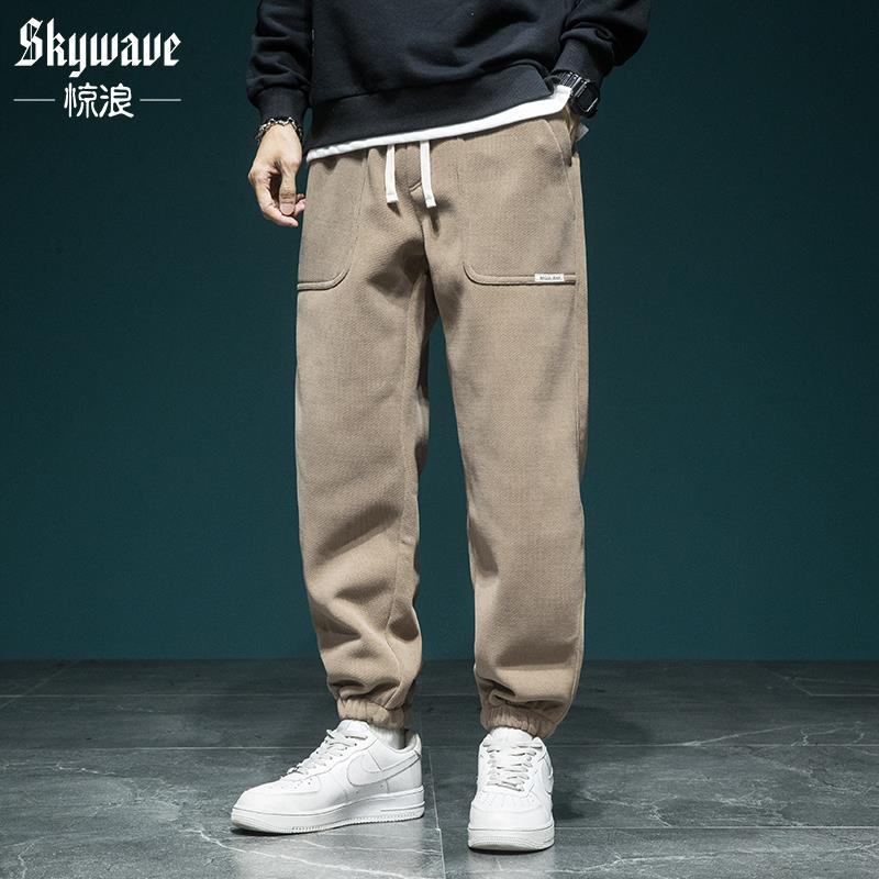 美式潮牌卫裤男宽松大码休闲束脚长裤新款雪尼尔胖子加绒运动裤子