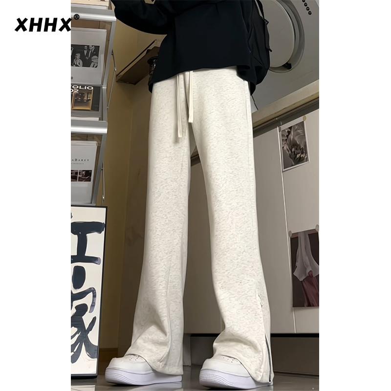 白花灰微喇拉链开叉美式卫裤子男款春秋季加绒设计感直筒休闲长裤