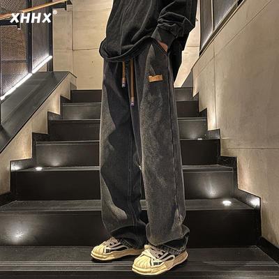 潮牌牛仔裤男款秋冬季宽松直筒美式高街男生加绒加厚休闲裤子男士