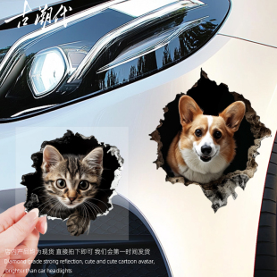 个性 熊猫猫咪柯基车贴汽车贴纸保险杠划痕遮挡贴摩托车3D卡通贴