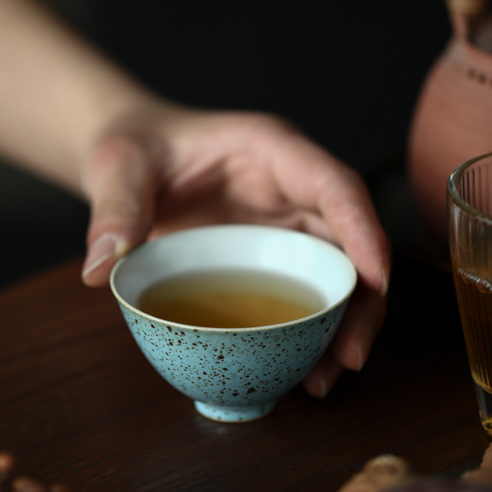 蓝釉铁点手作柴窑变天目釉茶杯陶瓷茶盏主人杯日式功夫茶具品茗杯