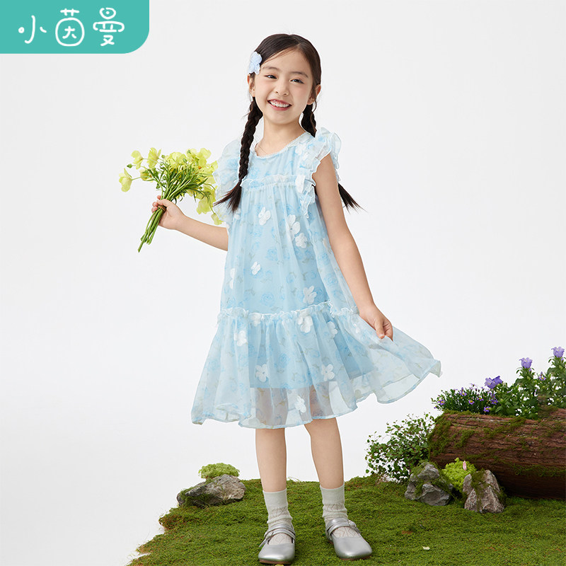小茵曼童装女童小清晰印花连衣裙双层飞袖夏季中大童甜美公主裙