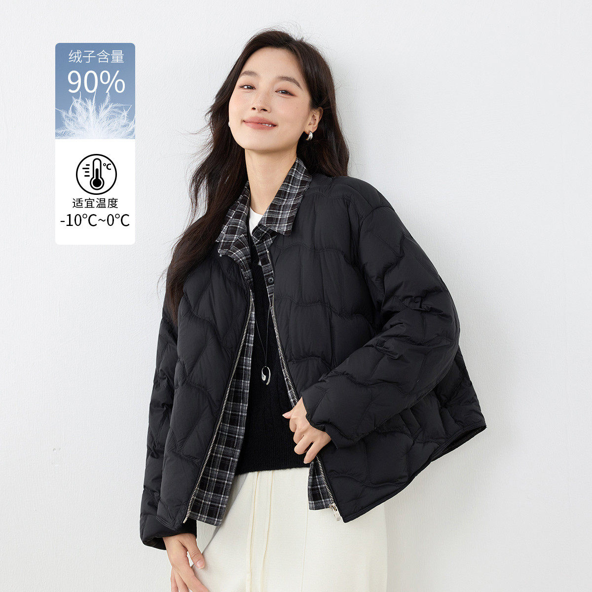 茵曼2025冬季新款长袖短款鸭鸭羽绒服女上衣宽松保暖翻领轻薄外套