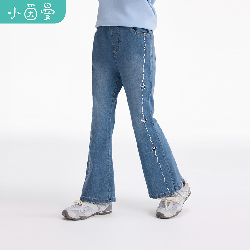 小茵曼童装女童蝴蝶结刺绣微喇牛仔裤26秋中大童舒适亲肤休闲长裤