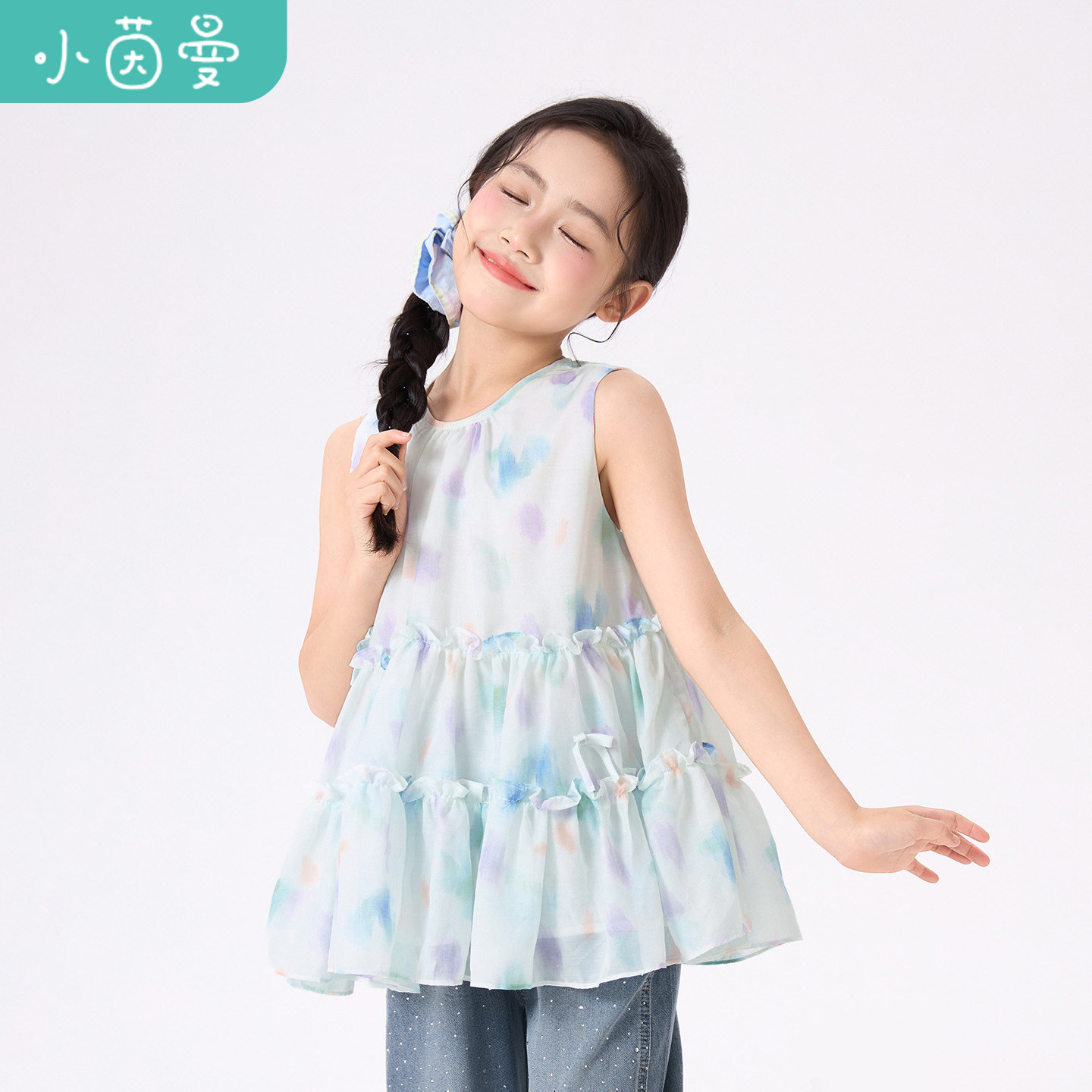 小茵曼童装女童晕染印花无袖娃娃衫26夏中大童清新甜美休闲上衣