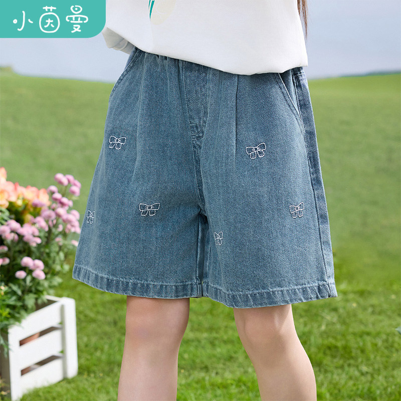 茵曼女童牛仔短裤蝴蝶结刺绣2025夏季儿童中大童宽松休闲五分裤子