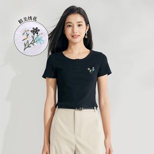 顯瘦短款 修身 繡花T恤 女 T恤25年夏季 舒適透氣短袖 圓領(lǐng)女式 茵曼