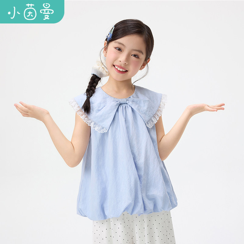 小茵曼童装女童蝴蝶结翻领衬衫26夏中大童花苞下摆凉爽舒适衬衣