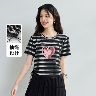 茵曼夏季 女 女T恤温柔甜美风正肩休闲短袖 棉混纺舒适亲肤显瘦短袖