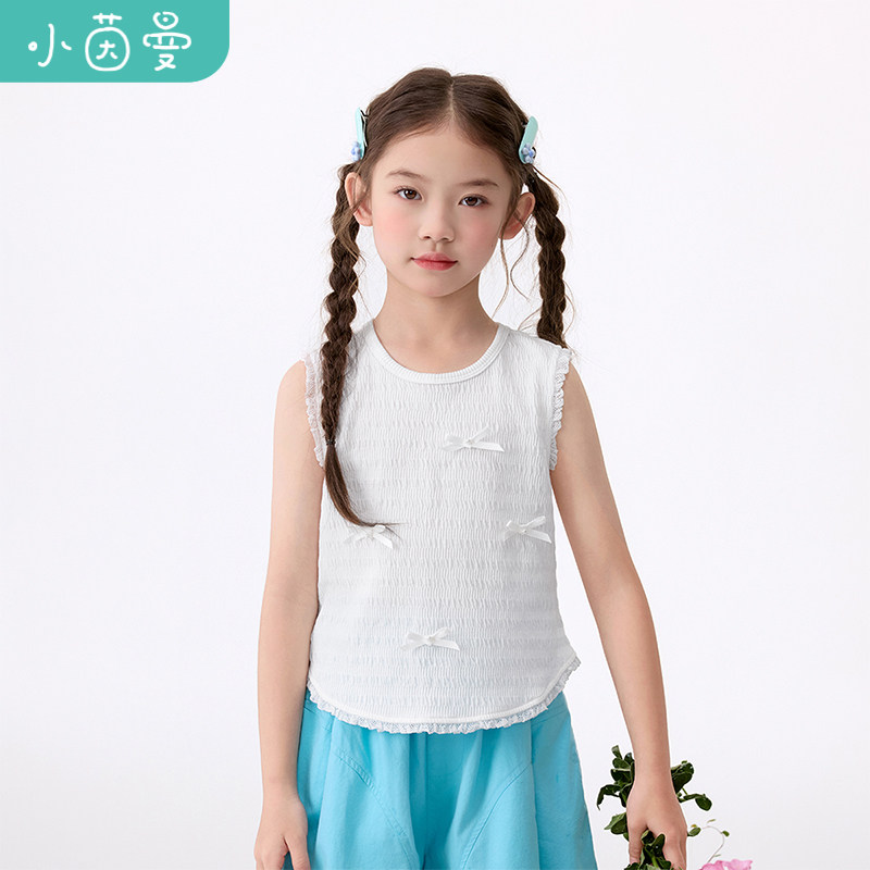 茵曼女童无袖衬衣蝴蝶结装饰2025夏季中大童圆领休闲上衣甜美文艺