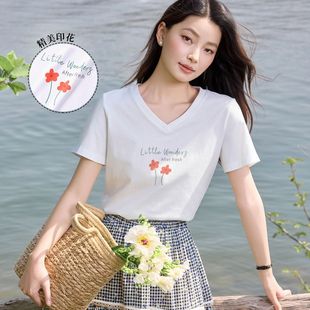 茵曼100%纯棉舒适正肩v领短袖 凉爽上衣女 t恤女25年爆款 文艺风夏季