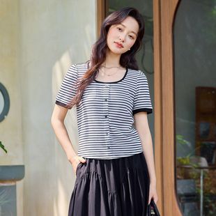 茵曼甜美减龄百搭方领条纹短袖 遮肉显瘦T恤上衣女 女25年夏季 修身