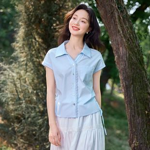 茵曼25年夏季 衬衣 甜美减龄蕾丝花边翻领纯棉衬衫 女宽松显瘦小飞袖